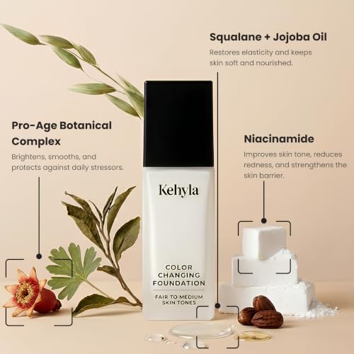 Kehyla Beauty™ Color Changing Foundation for Mature Women, Self-Adjusting Lightweight Full Coverage Formula for Fair to Medium Skin Tones, Hydrating &amp; Blurring, Long-Lasting Natural Finish, 30ml